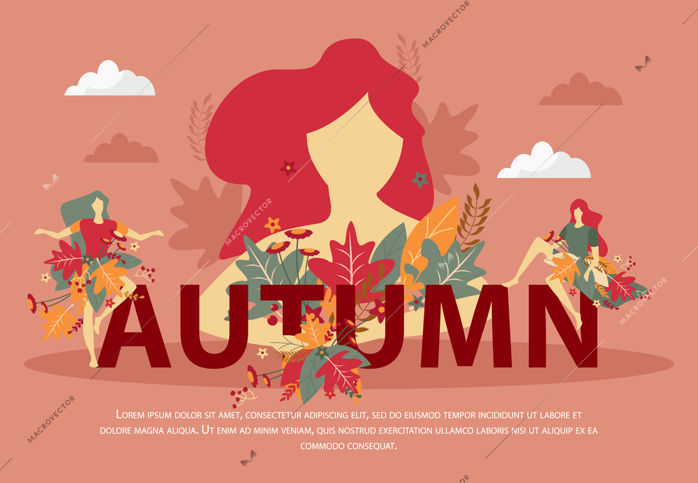 Autumn flat composition girls with fall flowers and leaves on warm pink background with clouds vector illustration