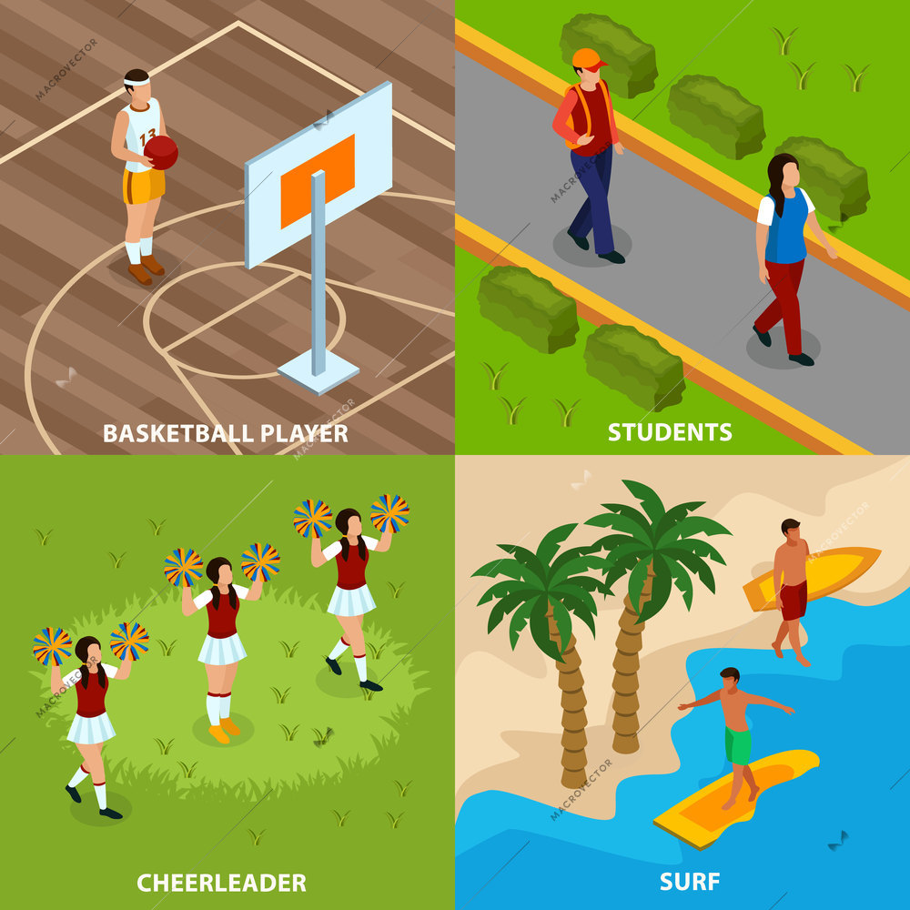 Professions of people isometric design concept with basketball player and surfers cheerleaders and students isolated vector illustration