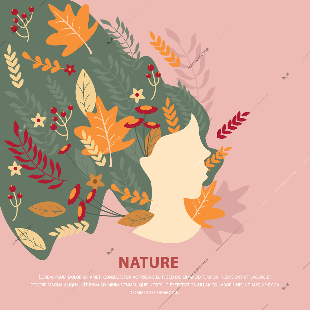 Nature flat composition with portrait of girl in profile with autumn leaves in hair vector illustration