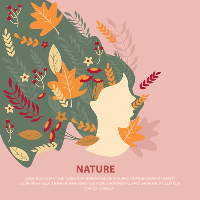 Nature flat composition with portrait of girl in profile with autumn leaves in hair vector illustration