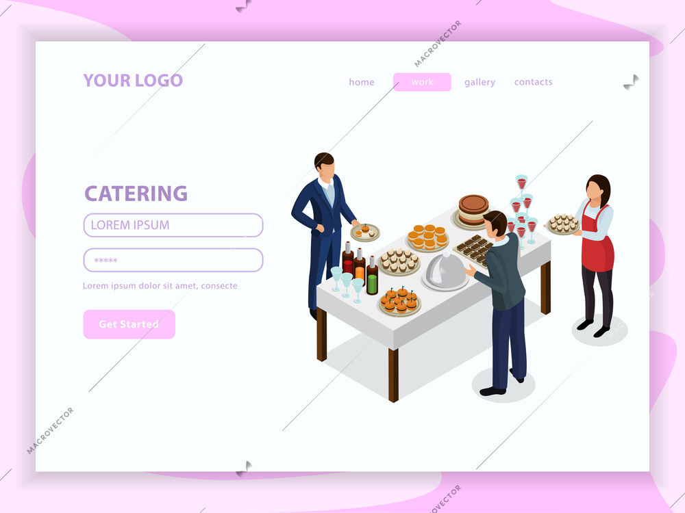 Catering isometric web page with waiter and visitors near table with drink and food vector illustration