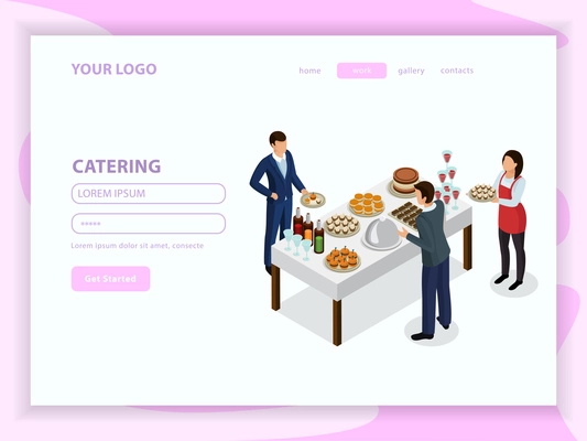 Catering isometric web page with waiter and visitors near table with drink and food vector illustration