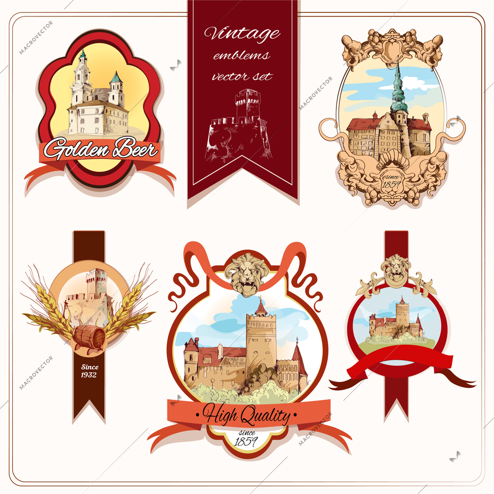 Old city buildings hand drawn decorative colored emblems set isolated vector illustration