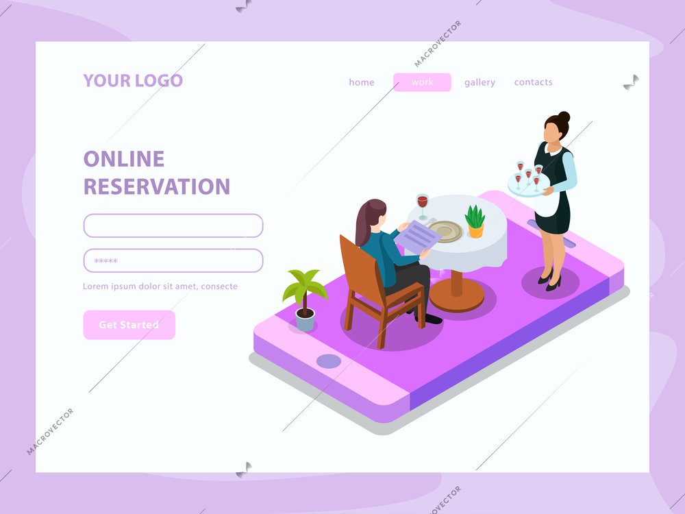 Online reservation waiter and customer at table on mobile device screen isometric web page vector illustration