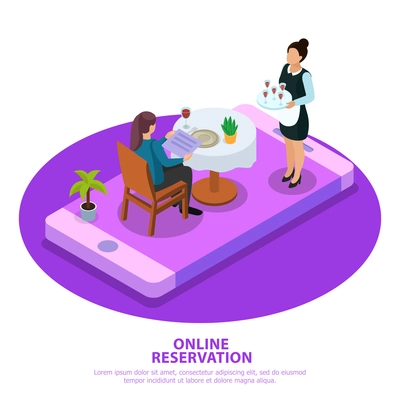 Online reservation isometric composition waiter during customer service at mobile device screen white purple background vector illustration