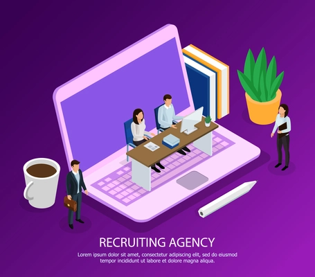 Staff of recruiting agency with computer and candidates for employment isometric composition on purple background vector illustration