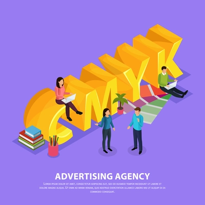 Staff of advertising agency during work near yellow inscription cmyk isometric composition on violet background vector illustration