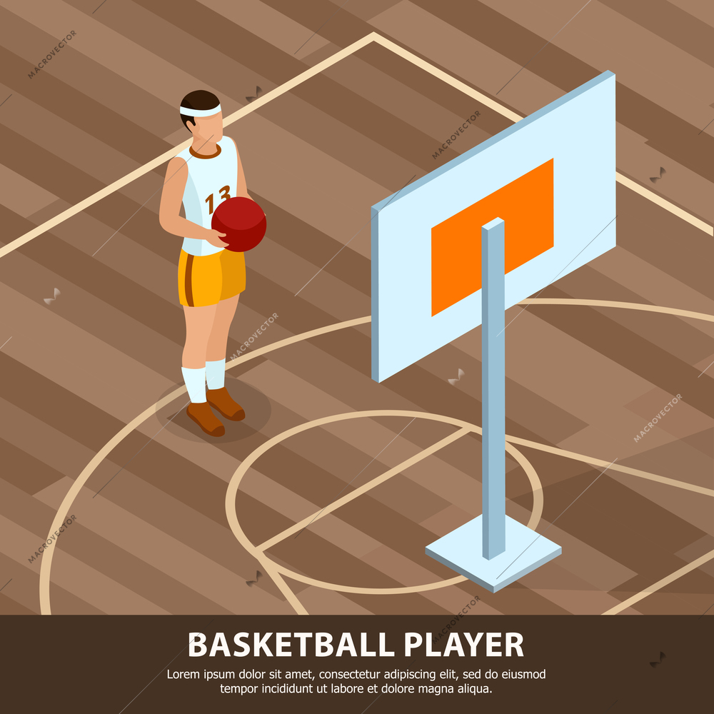 Professions of people basketball player in sports uniform on background of game field isometric vector illustration