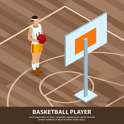 Professions of people basketball player in sports uniform on background of game field isometric vector illustration