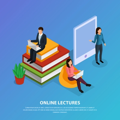 Online education isometric composition with teacher and students during web lecture on blue background vector illustration