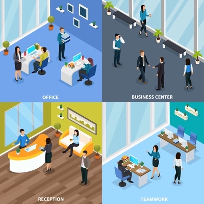 Office people in business center during team work and at reception isometric design concept isolated vector illustration