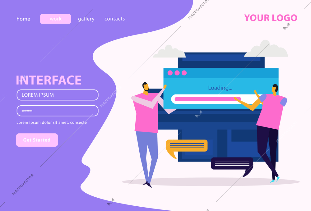 People and interfaces isometric web landing page on white violet background vector illustration