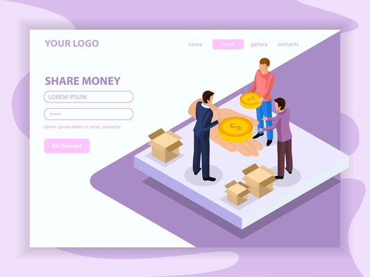 Sharing economy isometric web page with human characters and money on lilac white background vector illustration