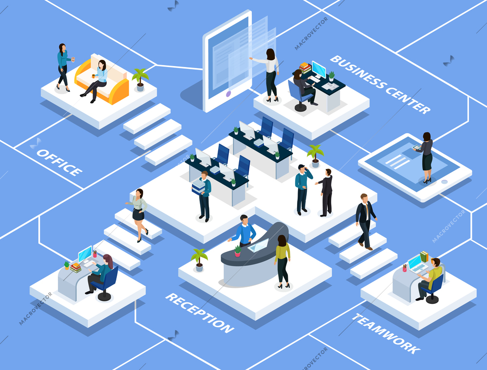 People in office during professional activity isometric multi storey composition on blue background vector illustration