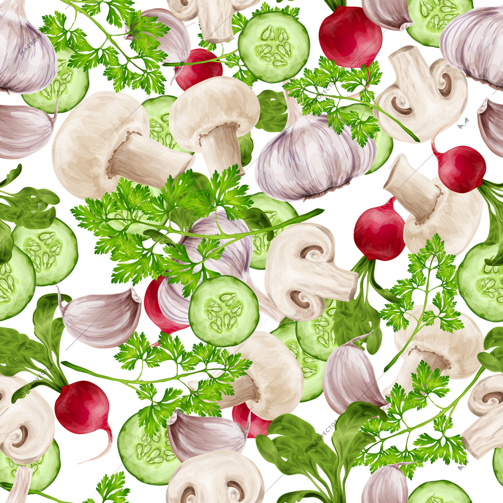 Vegetable organic food realistic mix seamless pattern vector illustration