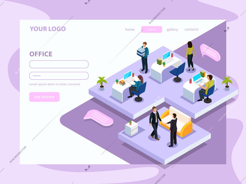 Office people during work isometric web page with interface elements on lilac white background vector illustration