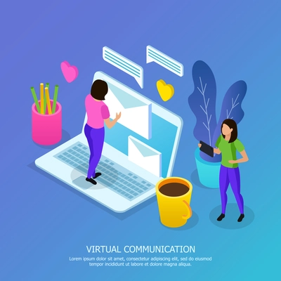 Women with mobile devices during virtual communication isometric composition on blue background vector illustration