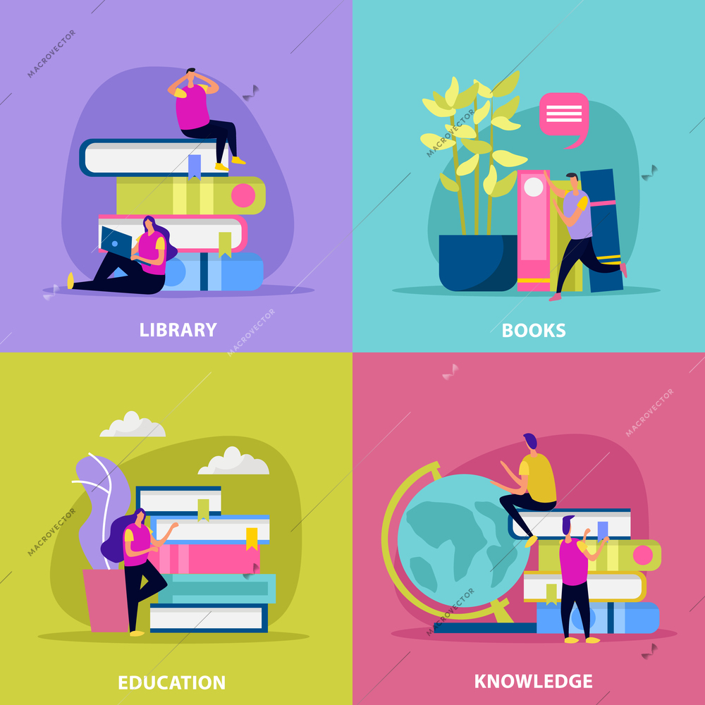 Library flat design concept with human characters books education and global knowledge isolated vector illustration