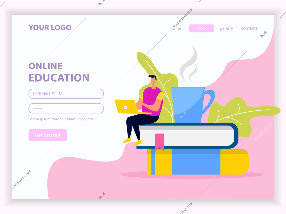 Library and online education flat web landing page with user account on white pink background vector illustration