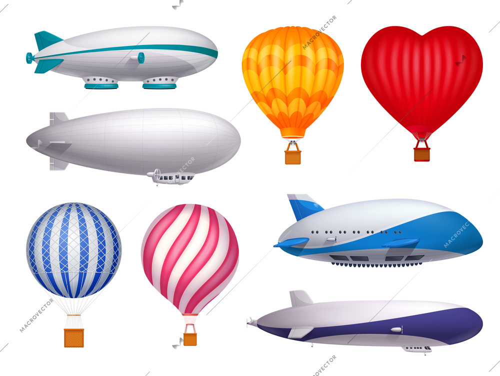 Dirigible and balloons transportation design realistic set isolated vector illustration