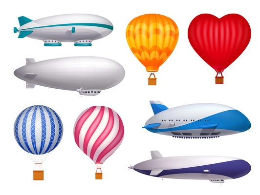 Dirigible and balloons transportation design realistic set isolated vector illustration