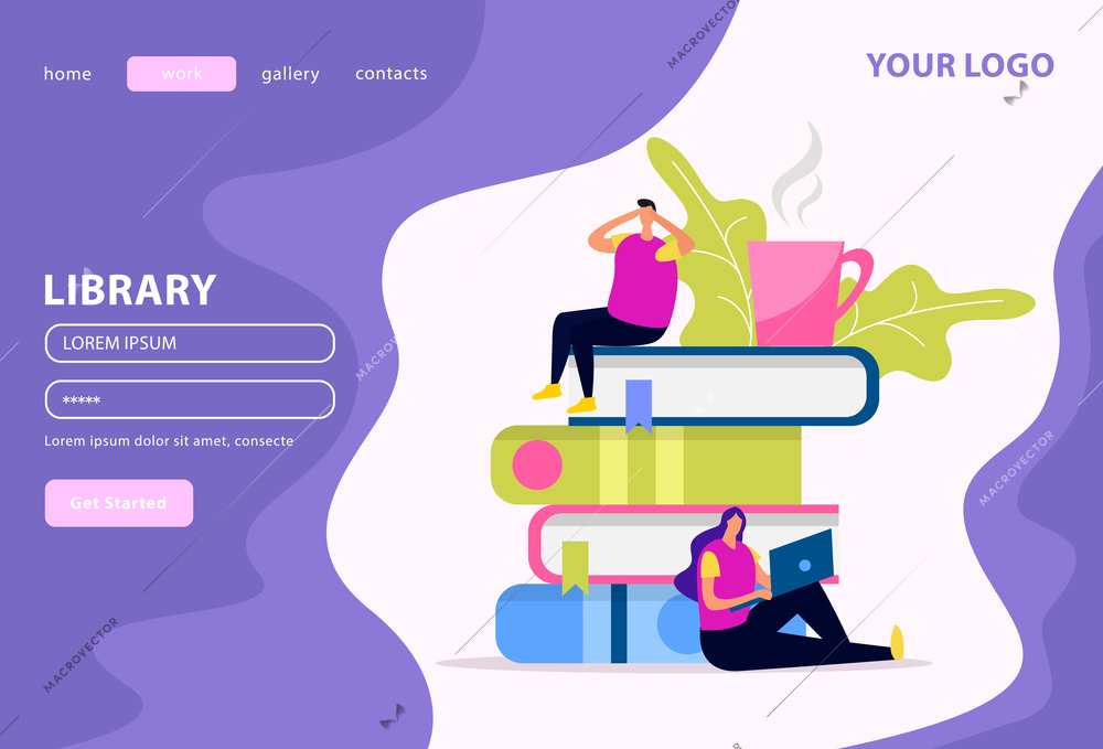 Library web landing page human characters and stack of books on white violet background flat vector illustration