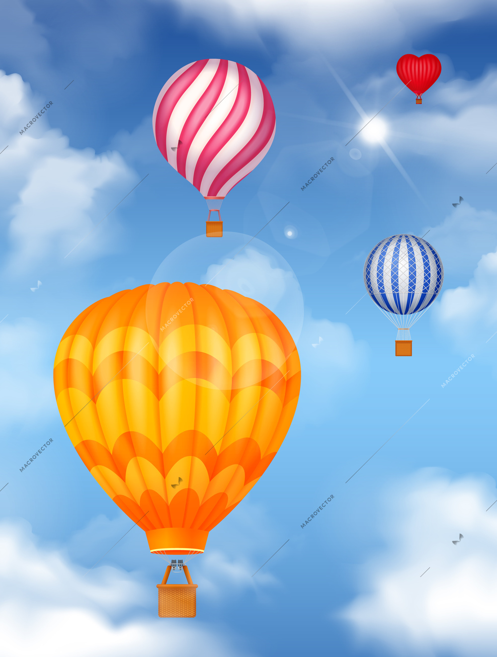 Air baloons in the sky realistic background with bright colors vector illustration