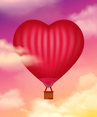 Air baloon in heart shape realistic background with clouds vector illustration