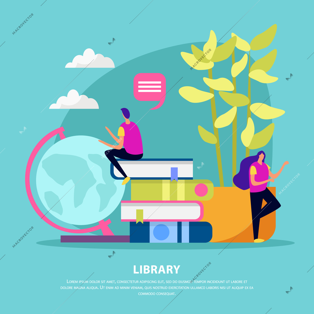 Library flat composition with human characters books house plant and globe on turquoise background vector illustration