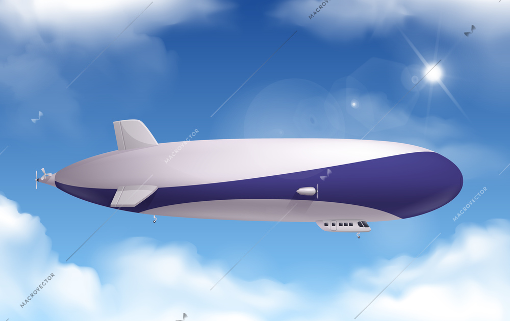 Dirigible transportation realistic background with sky and clouds vector illustration