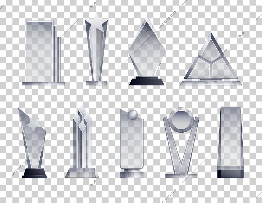 Trophies transparent realistic set with winner symbols isolated vector illustration