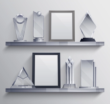 Trophies shelves realistic set with competition winner pedestal symbols vector illustration