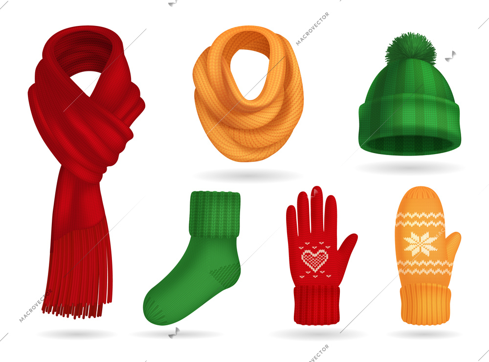 Winter knitted clothes realistic set with hat and gloves isolated vector illustration