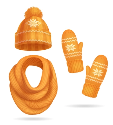 Winter yellow knitted clothes realistic set with hat and scarf isolated vector illustration