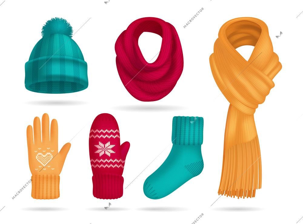 Winter knitted accessories realistic set with hat and socks isolated vector illustration