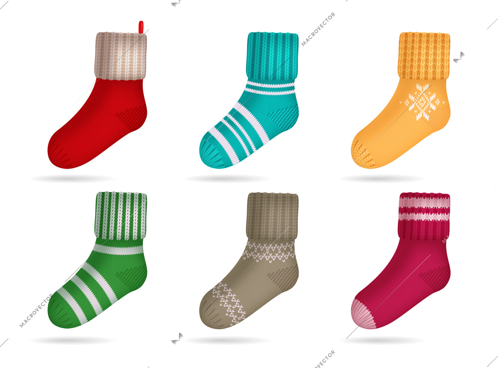 Winter knitted bright colored socks realistic set isolated vector illustration