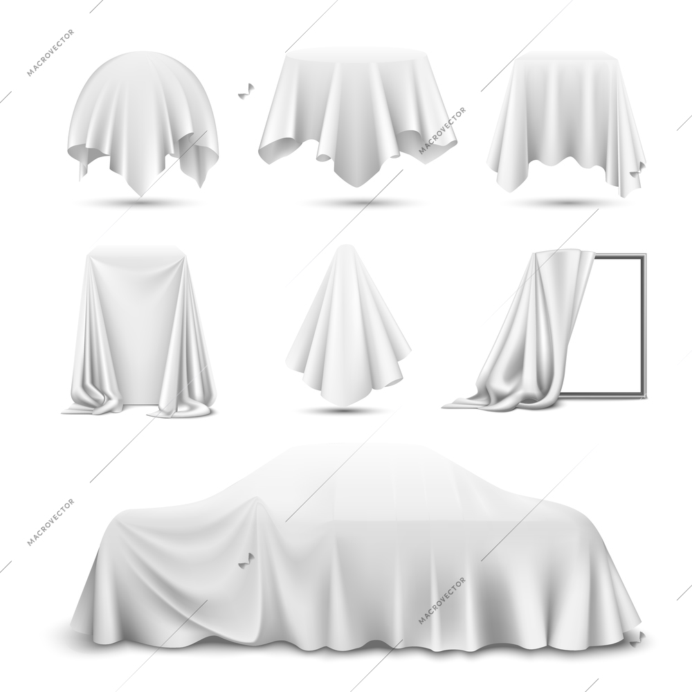 White silk cloth covered objects realistic set with draped mirror car hanging napkin tablecloth curtain vector illustration