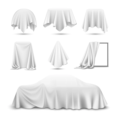 White silk cloth covered objects realistic set with draped mirror car hanging napkin tablecloth curtain vector illustration