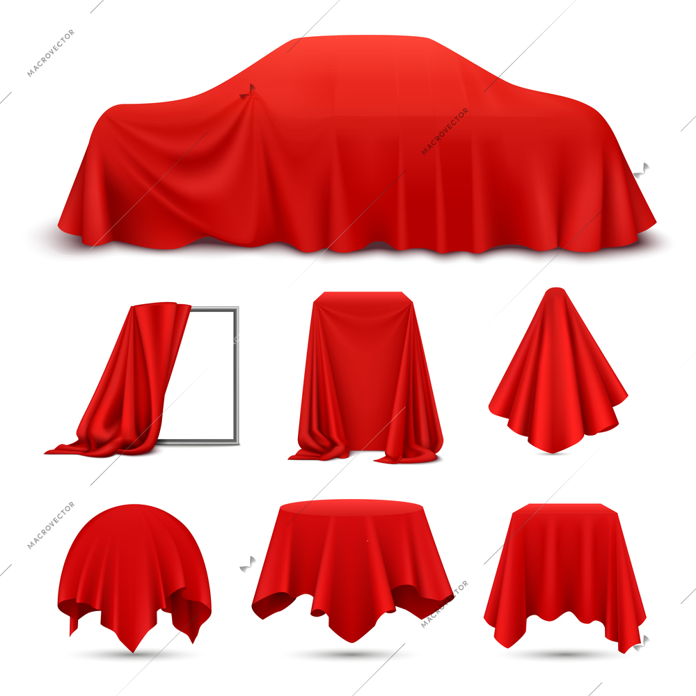 Red silk cloth covered objects realistic set with draped frame car hanging napkin tablecloth curtain vector illustration