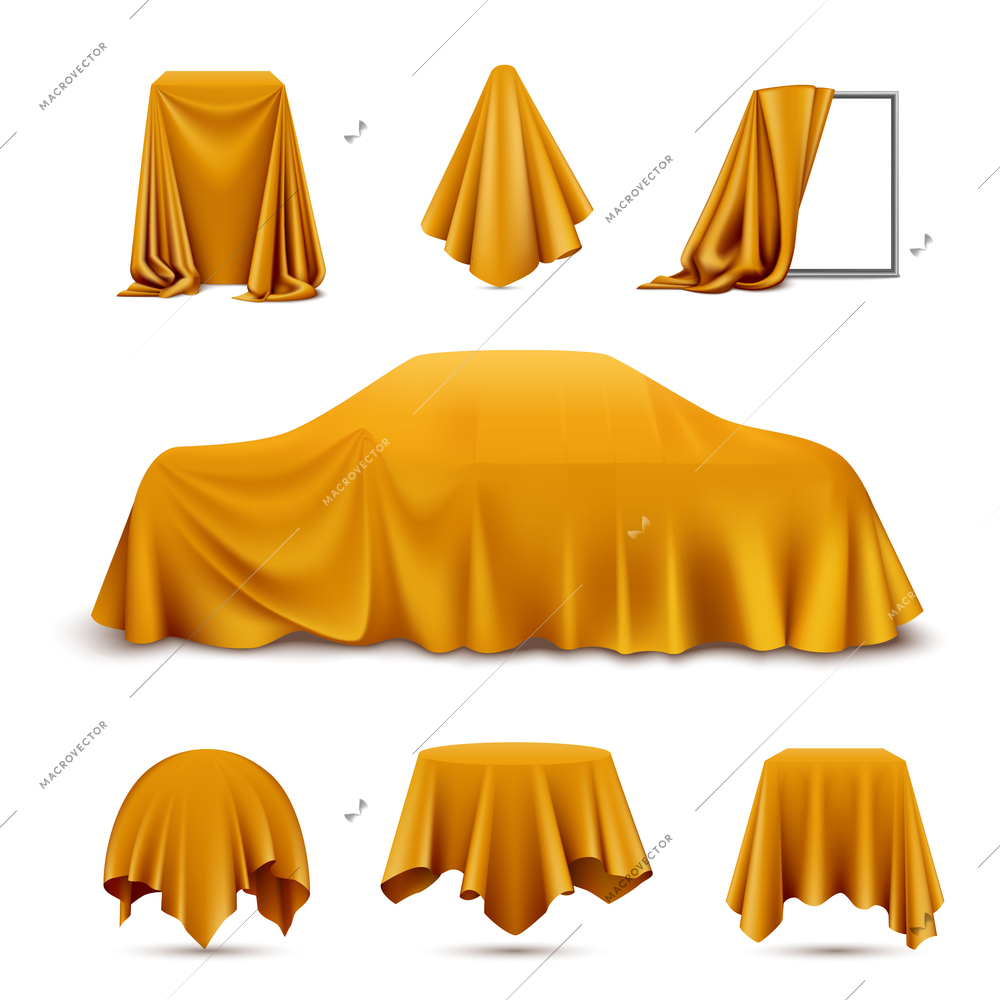 Golden silk cloth covered objects realistic set with draped frame car hanging napkin tablecloth curtain vector illustration