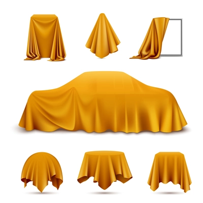 Golden silk cloth covered objects realistic set with draped frame car hanging napkin tablecloth curtain vector illustration