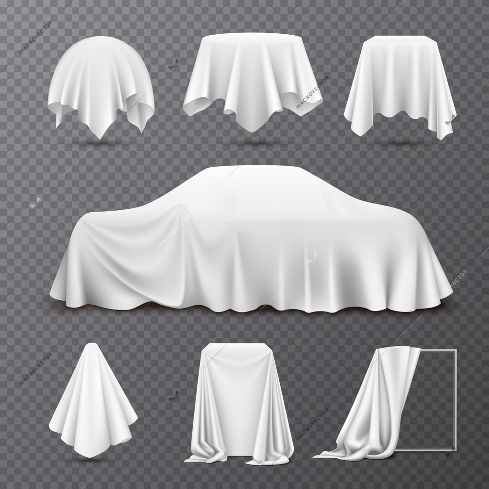 White silk cloth covered objects realistic set with draped car hanging napkin tablecloth curtain transparent vector illustration