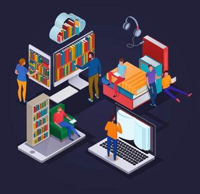 Online library concept with reading people electronic devices and book shelves 3d isometric vector illustration