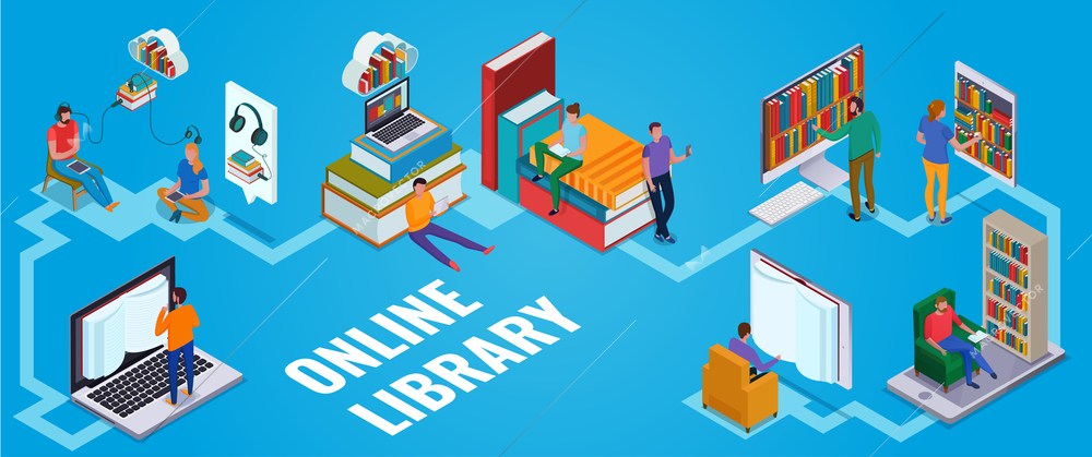 People using online library horizontal isometric concept on blue background 3d vector illustration