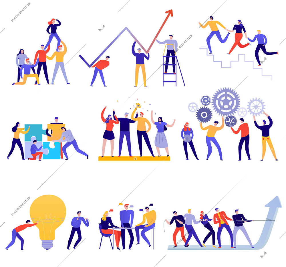 Teamwork icons flat colorful set with people trying to achieve goals together isolated on white background vector illustration