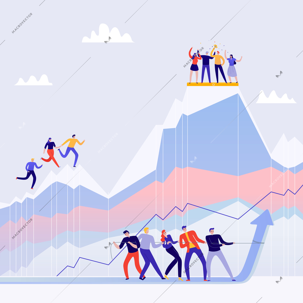 Teamwork flat design concept with colleagues achieving success vector illustration