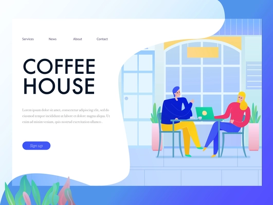 Flat design banner with people drinking coffee in cafe outdoors vector illustration