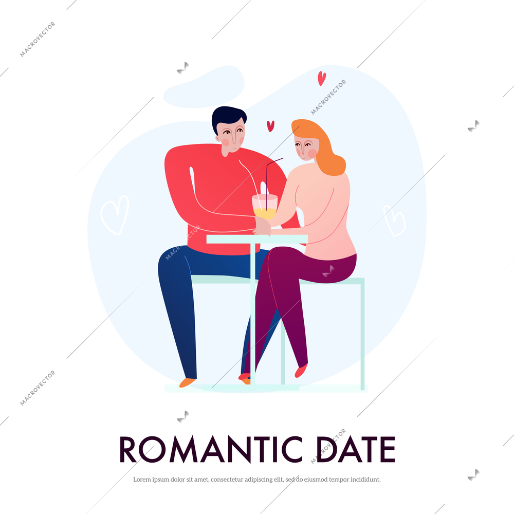 Young couple having romantic date in cafe flat vector illustration