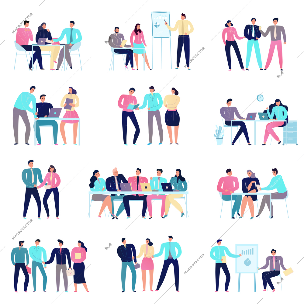 People at business meeting flat colorful icons set isolated on white background vector illustration