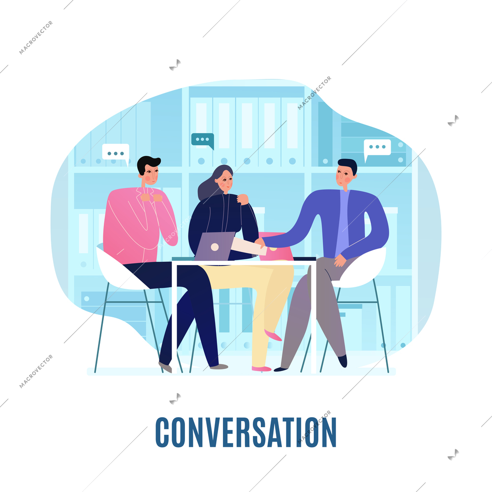 Three people having discussion at business meeting flat vector illustration